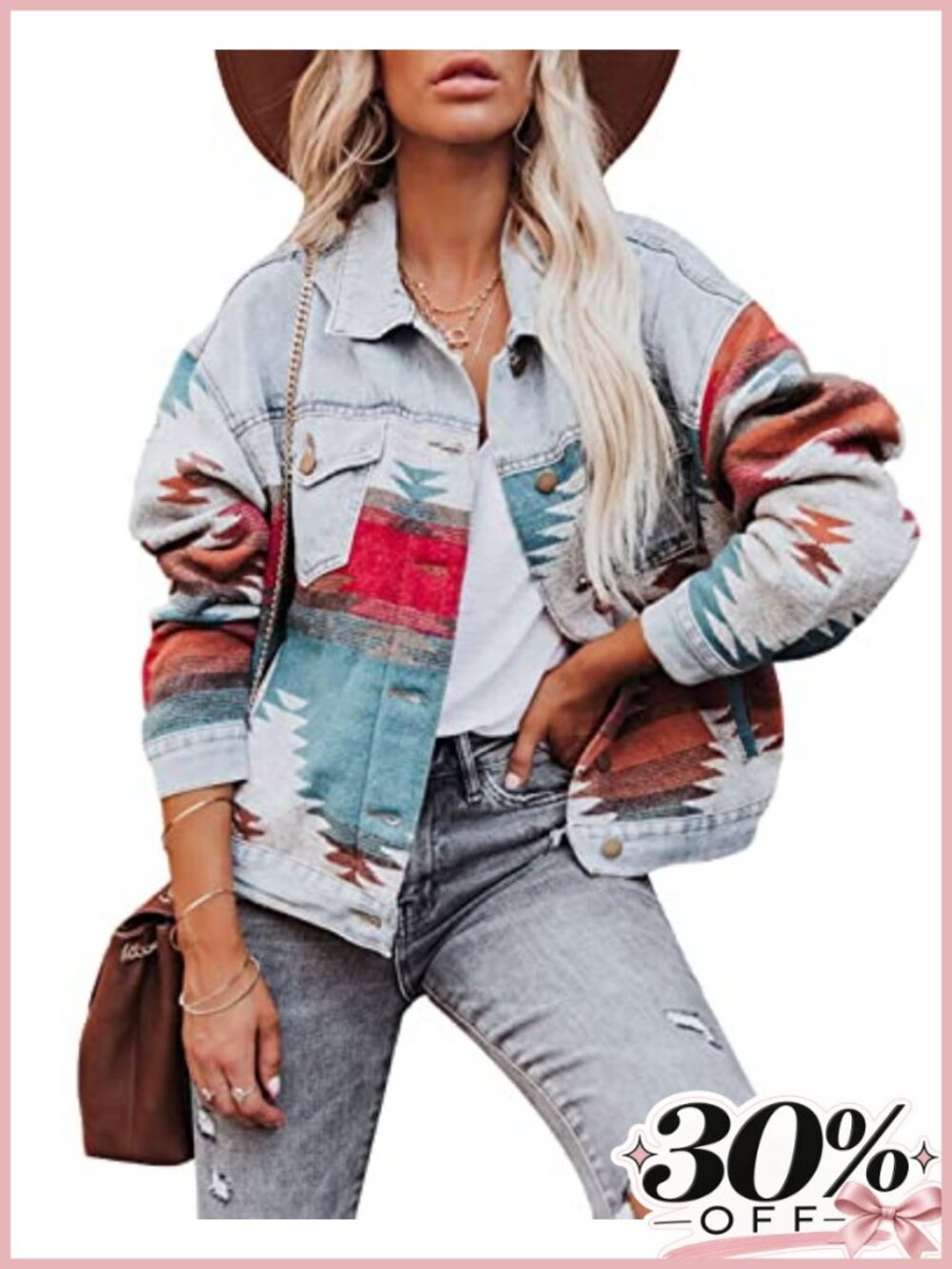 Aztec Denim Jacket Shacket for Women Button Down Vintage Distressed Jean Jacket
